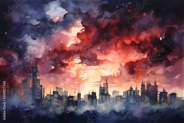 Fototapeta Night cityscape with skyscrapers and clouds. Watercolor