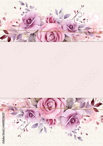 Fototapeta Pink white and purple violet vector frame with foliage pattern background with flora and flower