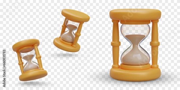 Fototapeta Collection of hourglasses in different position. Watch with sand inside to measure time. Countdown to deadline and law. Vector illustration in 3d realistic style