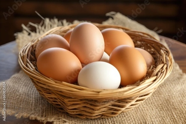 Fototapeta farm fresh eggs in a woven basket for baking