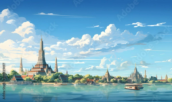 Fototapeta Scenery of Wat Arun, Bangkok, Thailand in illustrations, presentation images, travel image ideas, tourism promotion, postcards, generative AI