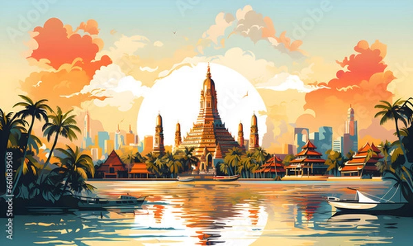 Obraz Scenery of Wat Arun, Bangkok, Thailand in illustrations, presentation images, travel image ideas, tourism promotion, postcards, generative AI