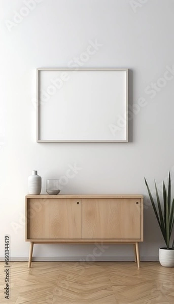 Fototapeta Minimalist Frame and Wooden Console with Silhouette Lighting