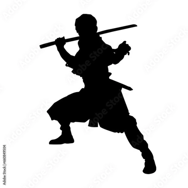 Fototapeta Silhouette of a male warrior in action pose with sword weapon. Silhouette of a man fighter carrying sword weapon.