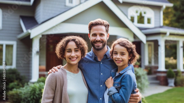 Fototapeta a Family in front of newly purchased house, smiling proudly. Real estate and a life goal accomplishment. Home ownership.