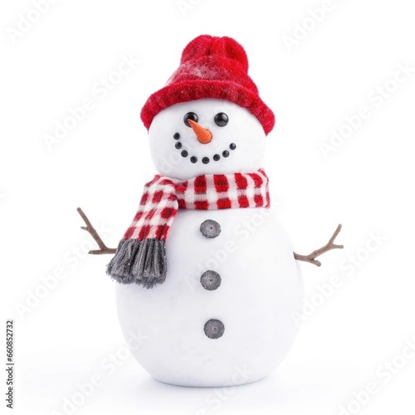 Fototapeta Cheerful Snowman in Red Scarf and Hat in Winter Landscape