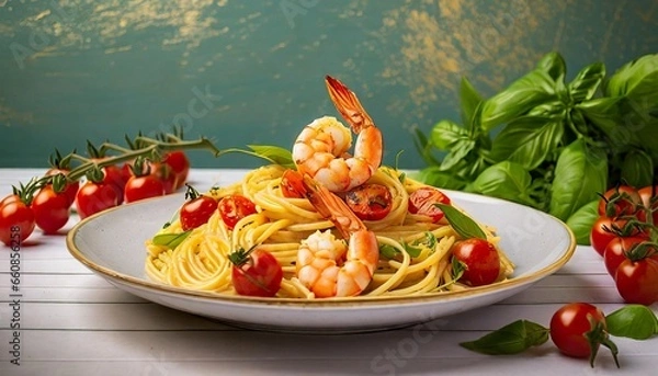 Fototapeta Spaghetti gamberi e pomodorini