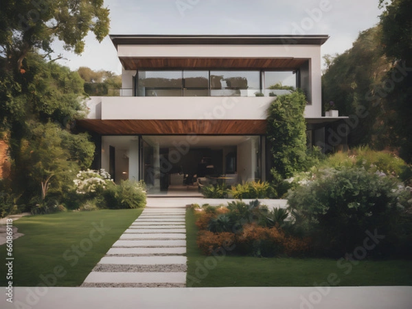Fototapeta modern house with garden. Generative AI