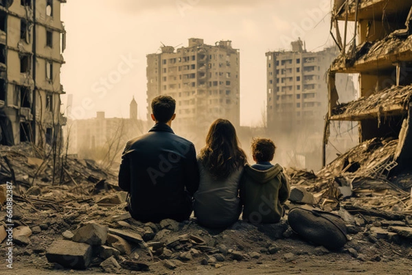 Fototapeta A family of three sits outside a destroyed apartment of a high-rise building.