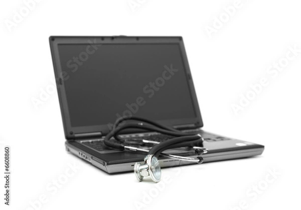 Fototapeta Stethoscope and laptop illustrating concept of digital security