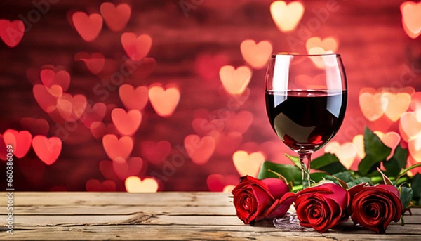Fototapeta Valentine's Day Red wine glasses and Red roses on a wooden table in De-focused heart Lights in the Background