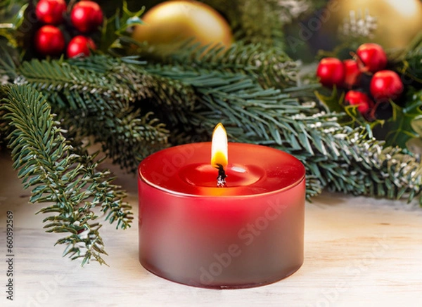Fototapeta Christmas and New year Holiday Card, Red candle ,  fir tree branches with decorative ornaments on snow