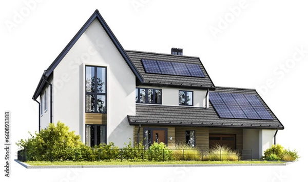 Obraz Modern house with solar panels on a transparent background