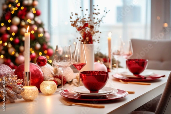 Fototapeta elegant table setting with Christmas decorations in living room