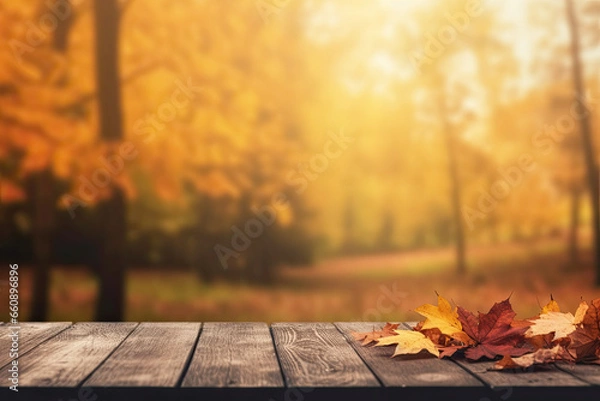Fototapeta Wooden table with orange fall leaves