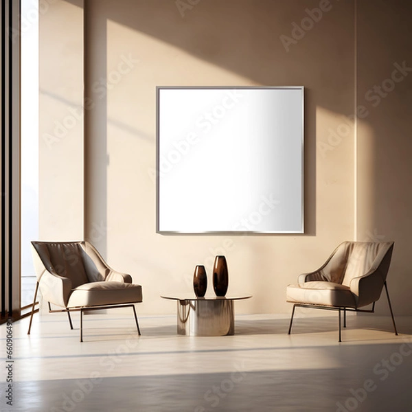 Fototapeta Interior of a room with a coffee table chairs and art frame mock-up. Transparent background