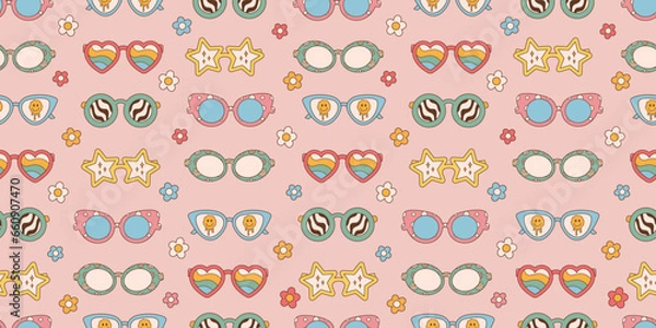 Fototapeta Sunglasses seamless pattern in retro groovy hippie style. Vector illustration 70s 80s