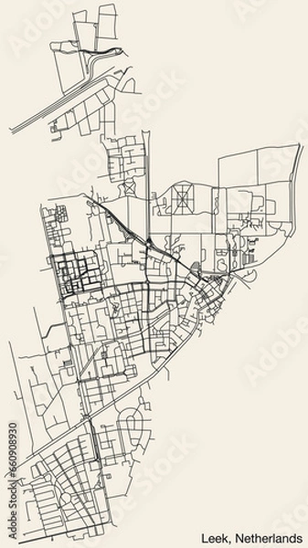 Fototapeta Detailed hand-drawn navigational urban street roads map of the Dutch city of LEEK, NETHERLANDS with solid road lines and name tag on vintage background