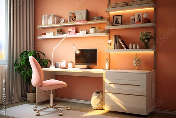 Fototapeta Beautiful Modern interior design of room for child.  Beautiful Children's room with stylish furniture in orange tones. 3d render. Children's room in a children's style.   AI generated interior design.