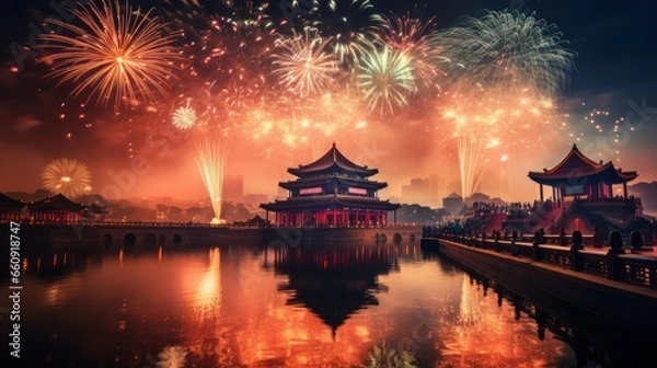 Fototapeta Fireworks and Festivities Photograph of Chinese new year fireworks celebrations on the chinese temple background