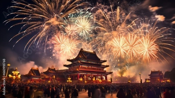 Fototapeta Fireworks and Festivities Photograph of Chinese new year fireworks celebrations on the chinese temple background