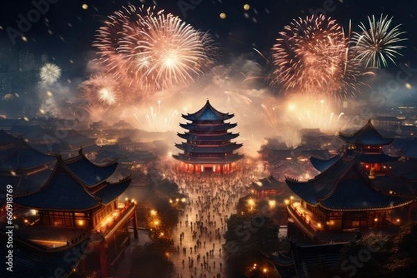 Fototapeta Fireworks and Festivities Photograph of Chinese new year fireworks celebrations on the chinese temple background