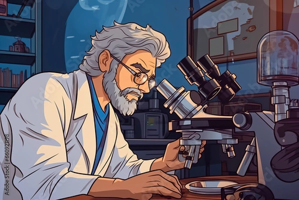 Fototapeta An illustration of scientist looking through microscope.