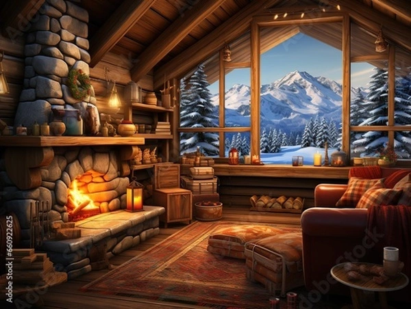 Obraz Cozy rustic winter cabin interior 3d illustration, Generative AI