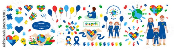 Fototapeta World Autism Awareness Day. Big set vector illustration. Design elements themes autism for layouts.