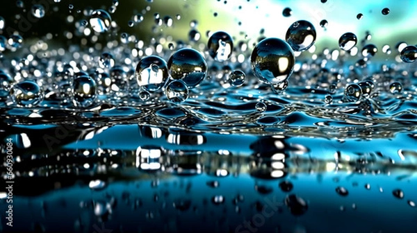 Fototapeta Abstract background with splashes, splashes and bubbles on the water surface with blue sky reflection.
