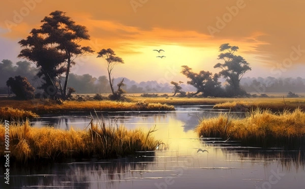 Fototapeta Acrylic painting of a landscape - the sunset sky is reflected in a lake in a large clearing in the forest.