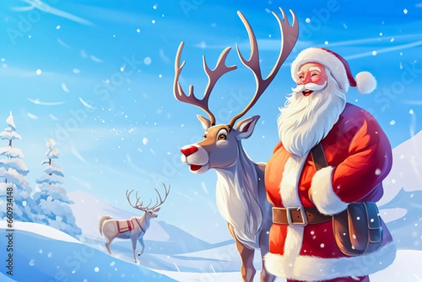 Fototapeta Santa Claus and reindeer standing in the snow with blue sky in the background. Cartoon style.
