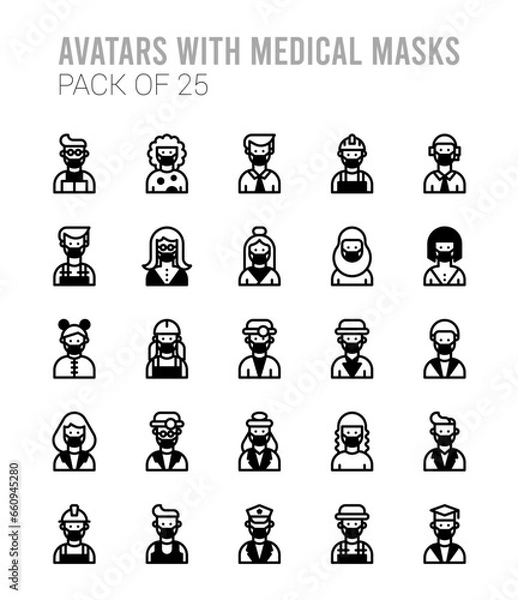 Fototapeta 25 Avatars With Medical Masks Lineal Fill icons Pack vector illustration.
