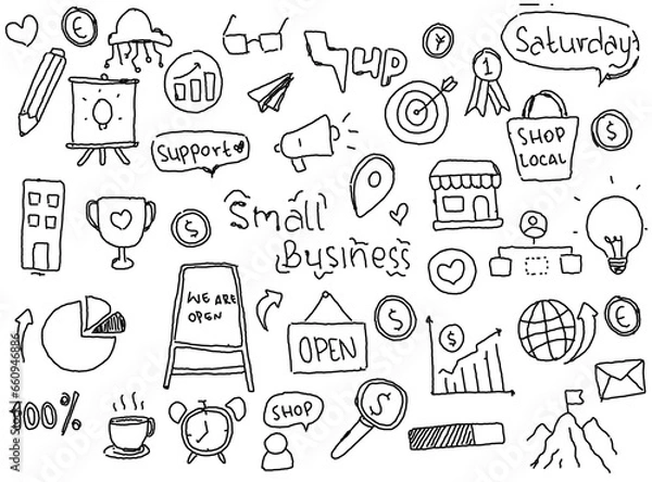 Obraz doodle art small business hand drawn vector simple. with flowchart, statistic and element component business.	
