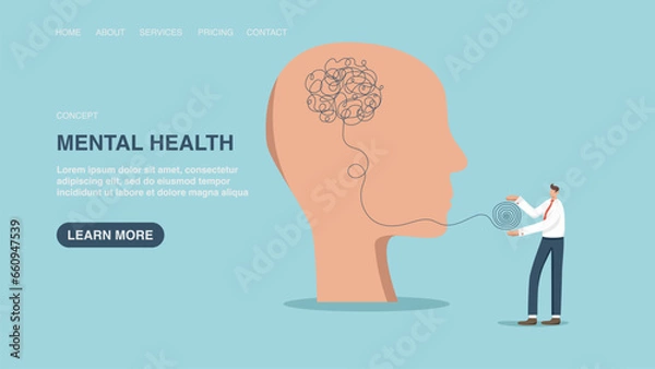 Fototapeta Vector illustration for poster, website or web page, banner with man unravels tangled thoughts in a big head. Mental health, intelligence and thought process to find a way out of difficult situation.