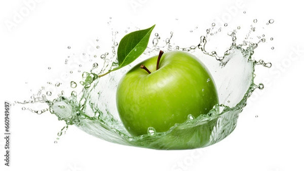 Obraz green apple with splash on clear PNG background . generated by AI