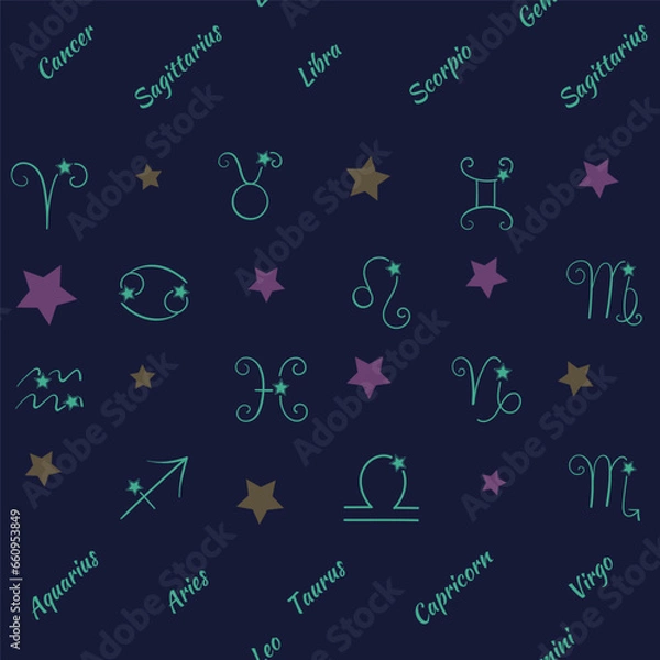 Obraz Vector colorful seamless pattern with zodiac signs and stars. Astronomical background.