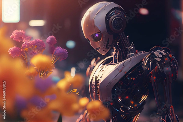 Fototapeta A human like AI robot collects flowers. The robotic object experiences feelings and emotions. The concept of technology development in the form of artificial intelligence.
