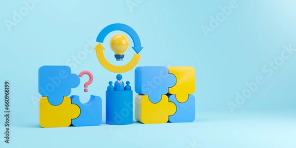 Fototapeta Business teamwork and brainstorm concept. 3d render. Four pieces of puzzle with business people and light bulb icon.