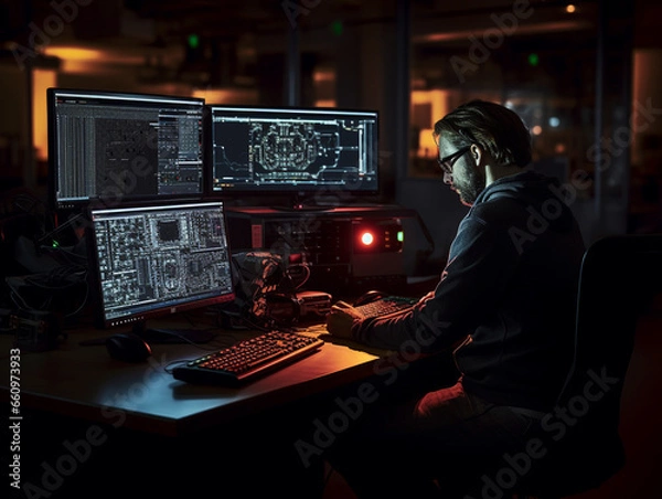 Fototapeta Intense Collaborative Effort: Two Software Engineers Debugging Complex Code on their Workstations, Profoundly Focused in a Dynamic Workspace