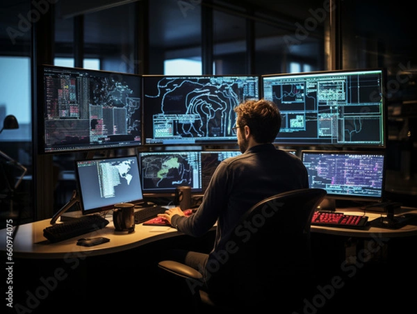 Obraz Intense Collaborative Effort: Two Software Engineers Debugging Complex Code on their Workstations, Profoundly Focused in a Dynamic Workspace