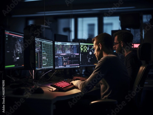 Obraz Intense Collaborative Effort: Two Software Engineers Debugging Complex Code on their Workstations, Profoundly Focused in a Dynamic Workspace