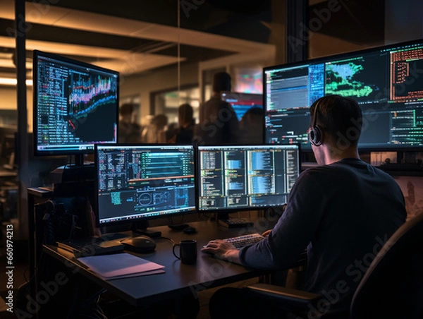 Obraz Intense Collaborative Effort: Two Software Engineers Debugging Complex Code on their Workstations, Profoundly Focused in a Dynamic Workspace