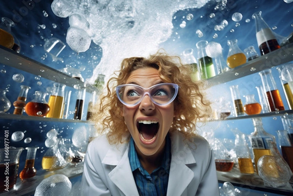 Fototapeta Eureka Moment: Scientist's Face Filled with Surprise and Delight as She Makes a Breakthrough Discovery in her Lab