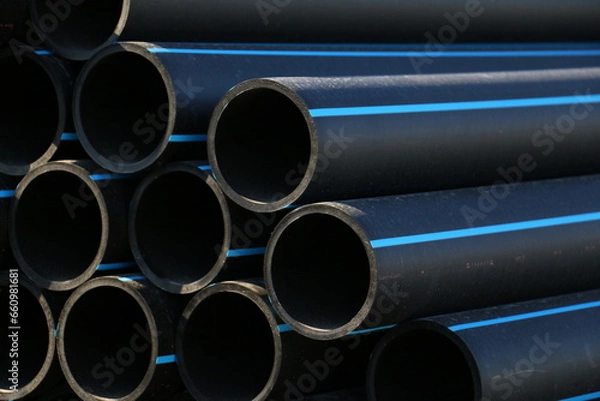 Obraz PE pipe plant, Industrial PE pipeline for gas and water. HDPE pipe, Polyethylene PE100 pipe. Polyethylene pipe plant