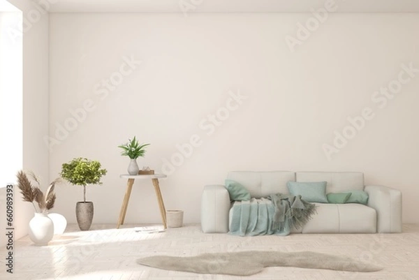 Fototapeta White scandinavian interior design with sofa. 3D illustration