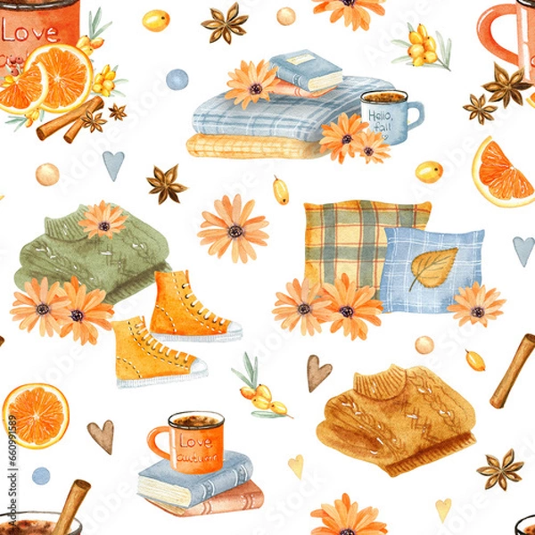 Fototapeta Watercolor autumn cozy seamless pattern for decor. Cup of tea, pillows and warm plaid, hot drink and autumn leaves, candles and pumpkins. Hello fall vibe for stickers or postcards