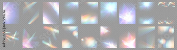 Fototapeta Crystal light glasses effect sparkle prism glare reflection effect. Banner optical rainbow lights, glare, leak, streak overlay. falling confetti. Vector banner colorful vector lenses and light flares.