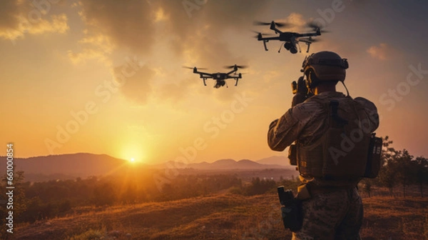Fototapeta Silhouette of soldier using drones for military combat or scouting operation.Silhouette of soldier using drone for military combat or scouting operation.