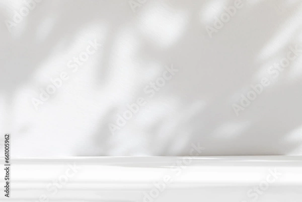 Fototapeta Abstract white studio background for product presentation. Empty room with shadows of window and flowers and palm leaves . 3d room with copy space. Summer concert. Blurred backdrop.